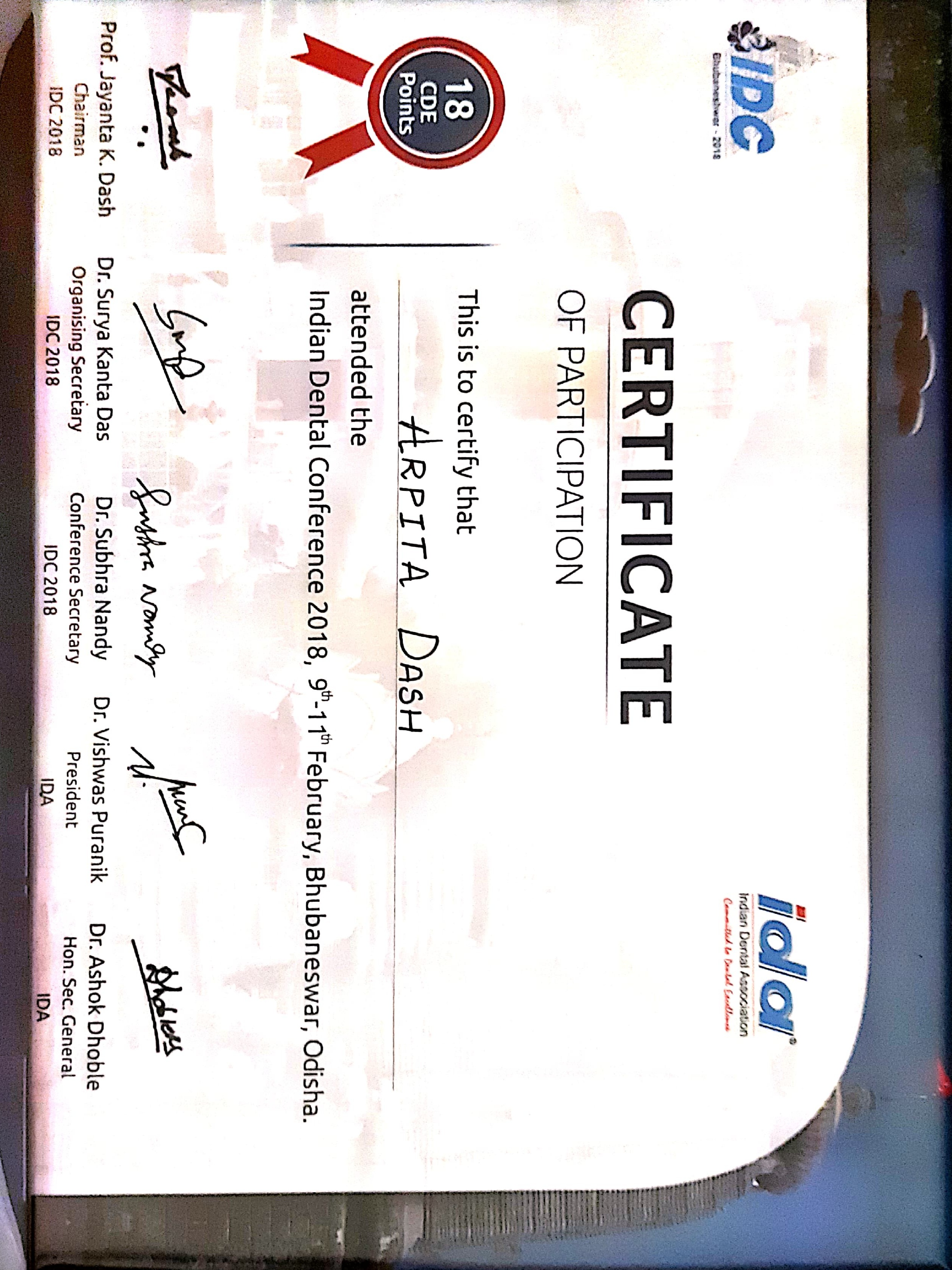 State Level Dental Conference certificate - Dr. Arpita Dash